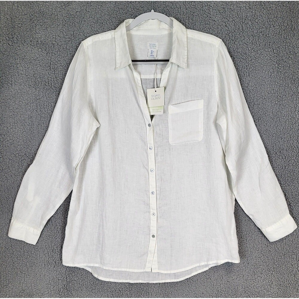 NWT Sigrid Olsen 100% Linen Roll Tab Button Down Shirt Size Large White FLAW New